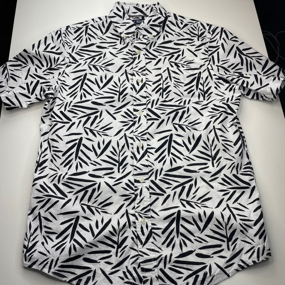 Chaps Mens Short Sleeve Button Down Shirt Black White Leaf Tropical Cotton Med